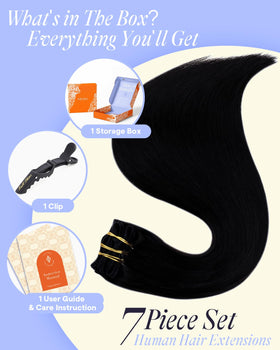 Full Shine Clip in Hair Extensions jet black with styling tools