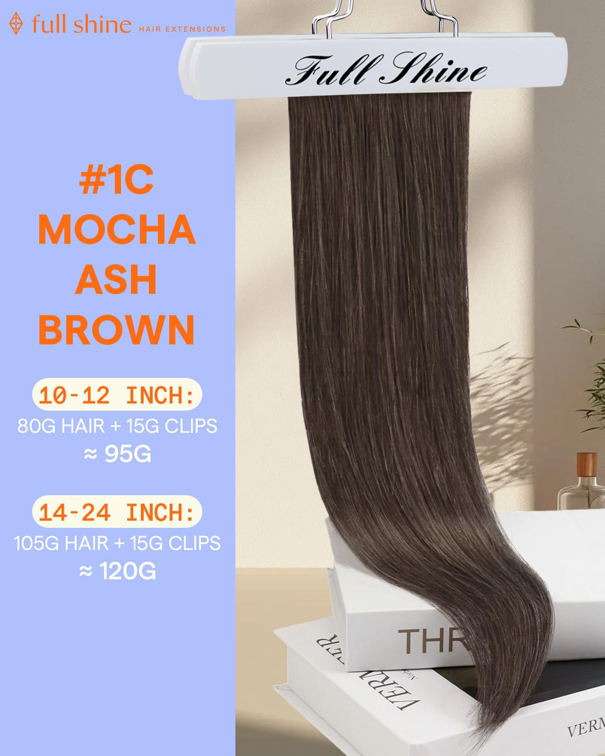 Full Shine Clip in Hair Extensions Mocha Ash Brown packaging
