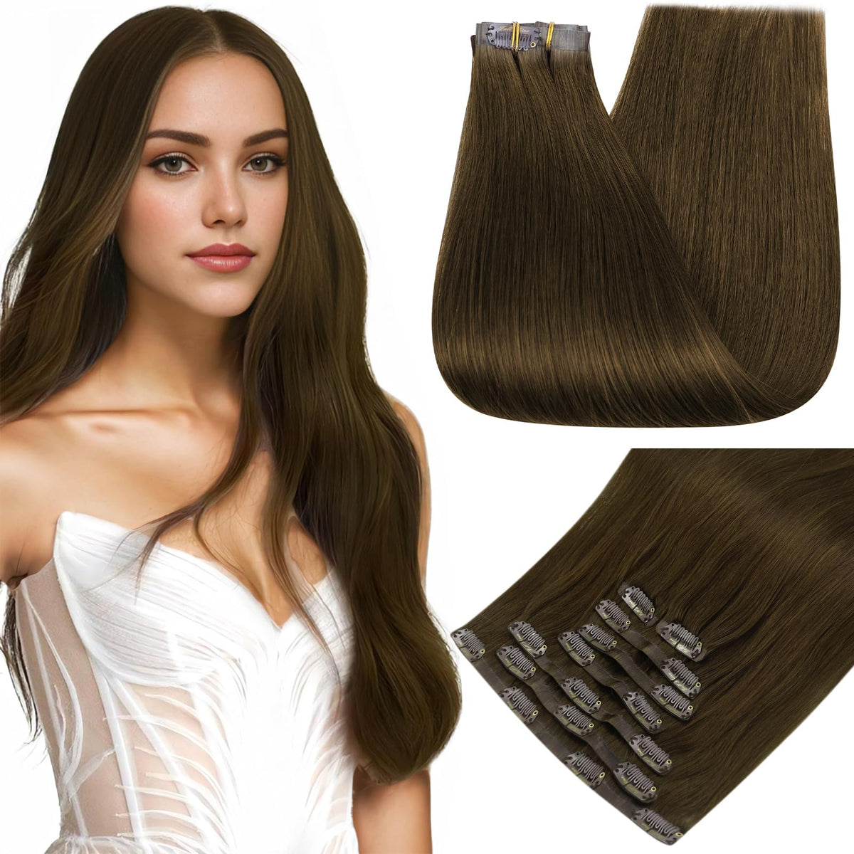 Full Shine Clip in Hair Extensions Natural Brown front view