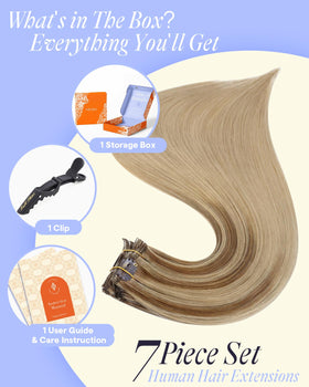 Full Shine Clip in Hair Extensions showing different lengths and clips