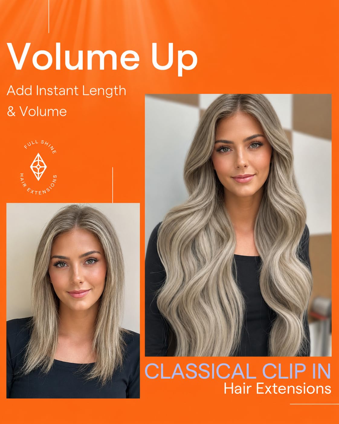 Full Shine Clip in Hair Extensions showing length options