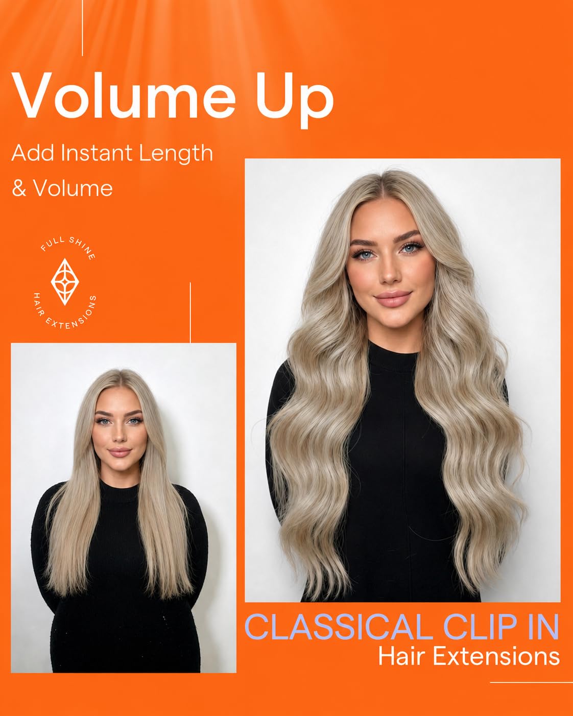 Full Shine Clip in Hair Extensions with secure clips visible