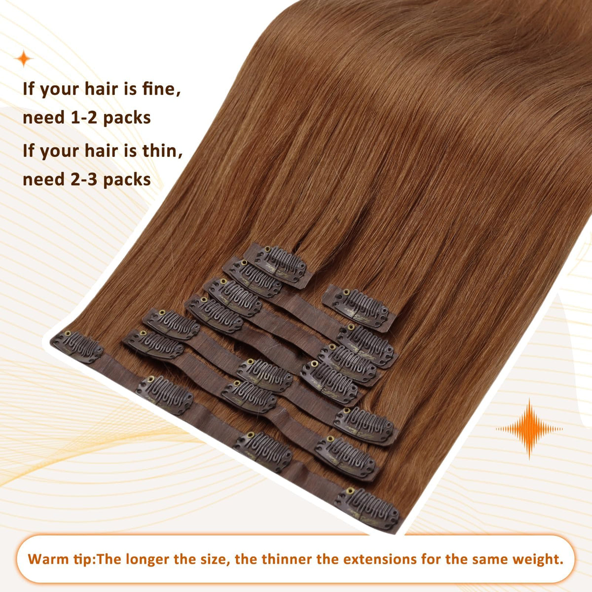 Full Shine Clip in Human Hair Extensions 18 Inch Copper back view