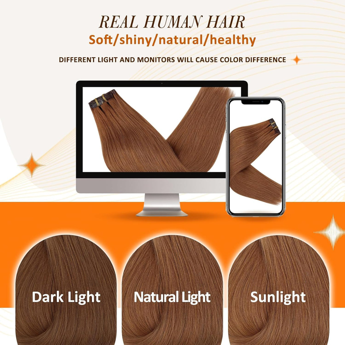 Full Shine Clip in Human Hair Extensions 18 Inch Copper colour comparison