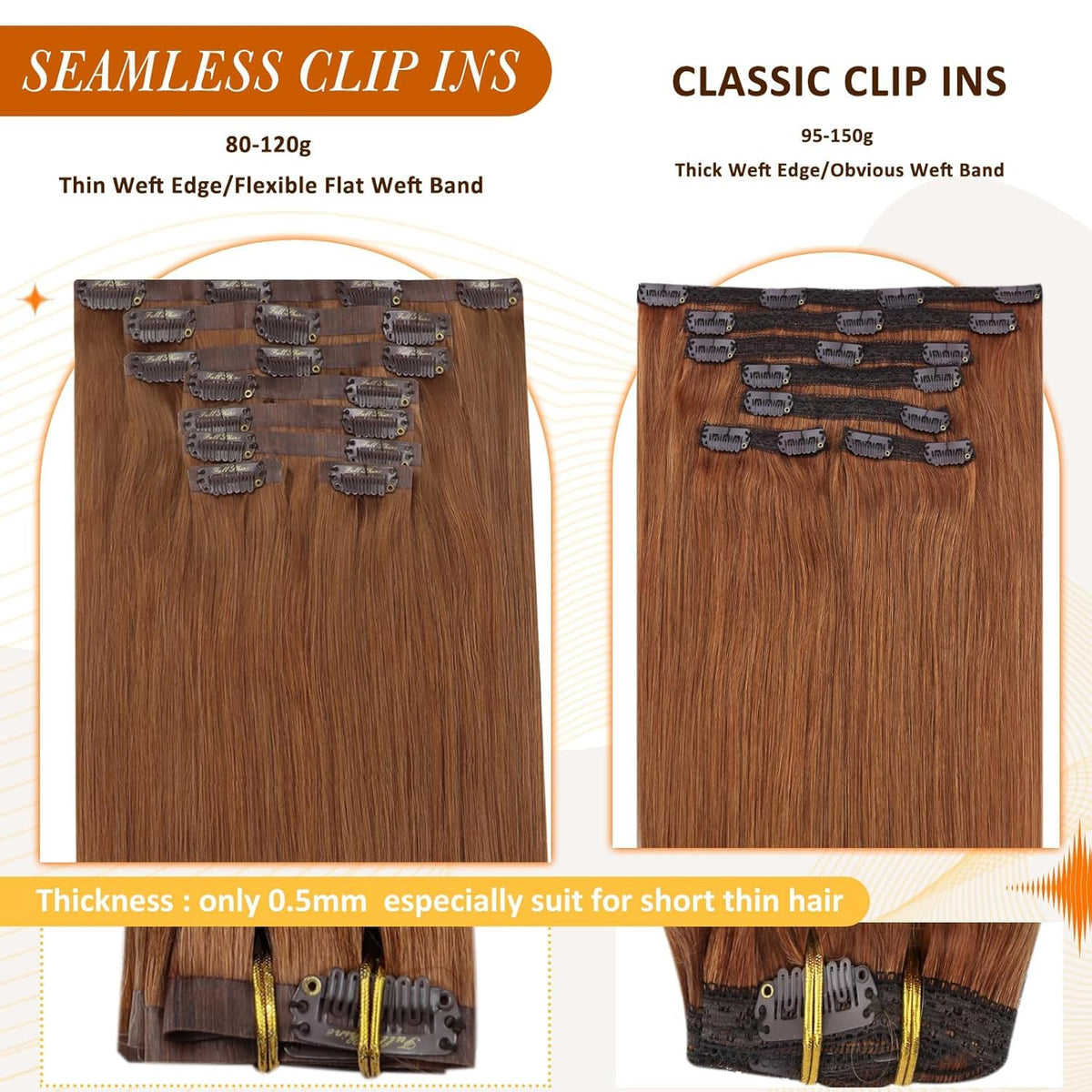 Full Shine Clip in Human Hair Extensions 18 Inch Copper on model