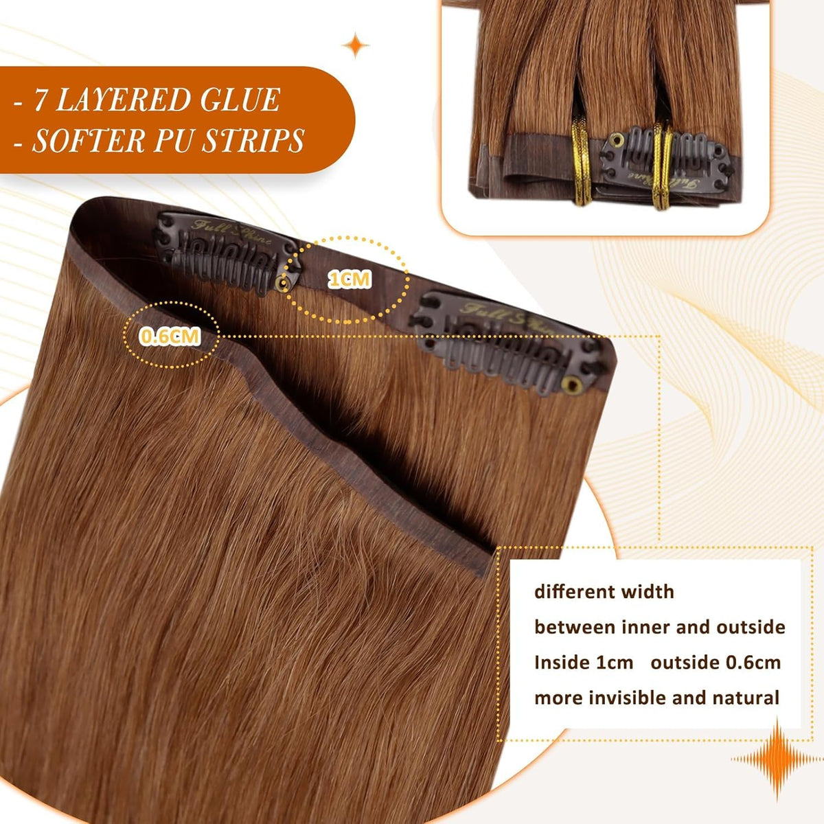 Full Shine Clip in Human Hair Extensions 18 Inch Copper side view