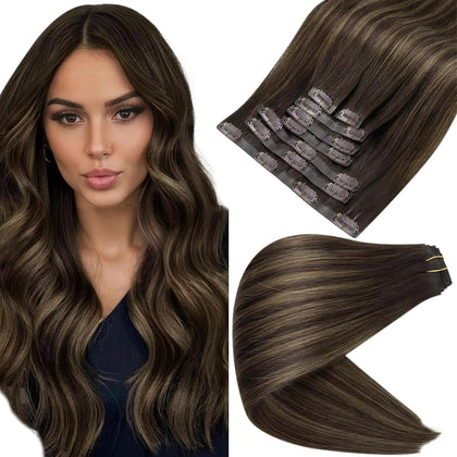 Full Shine Clip in Human Hair Extensions Dark Brown to Ash Brown front view