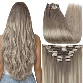 Full Shine Clip in Human Hair Extensions front view, Balayage Grey to Platinum Blonde
