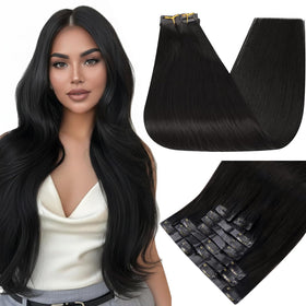 Full Shine Clip in Human Hair Extensions Natural Black front view