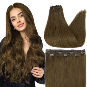 Full Shine Clip in Medium Brown Hair Extensions front view