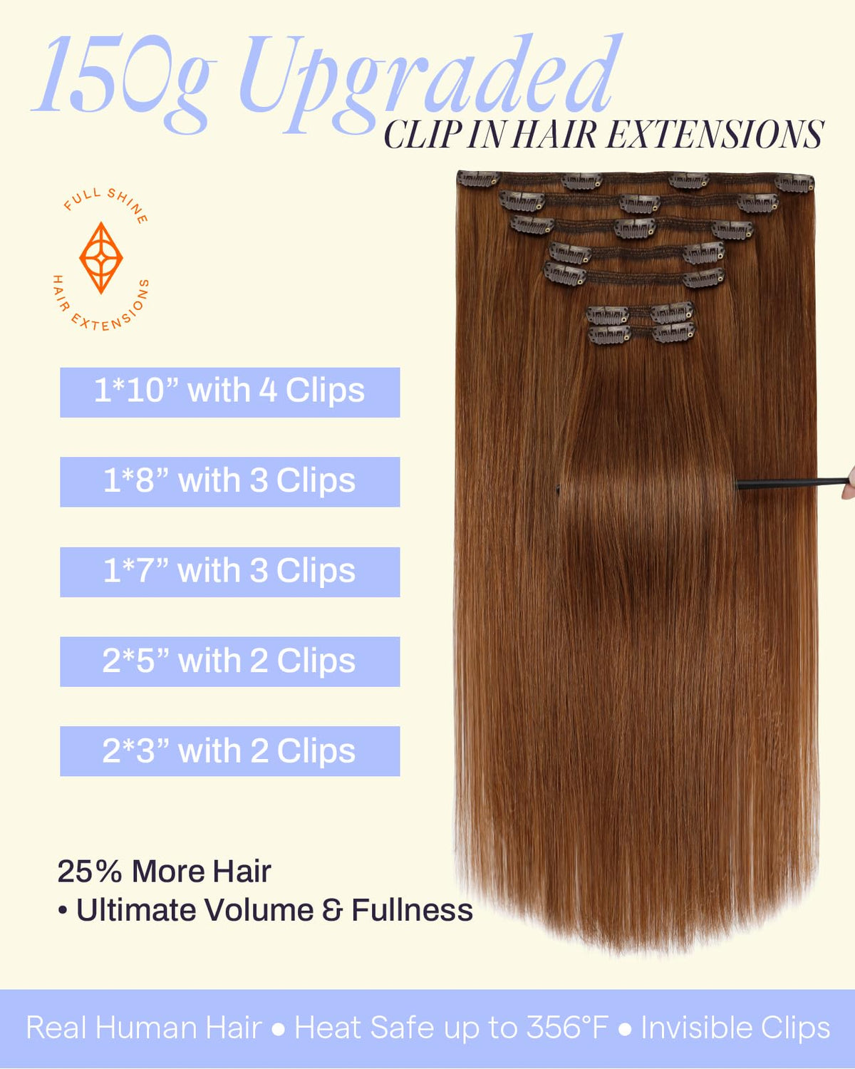 Full Shine Copper Orange Hair Extensions 7-piece set display
