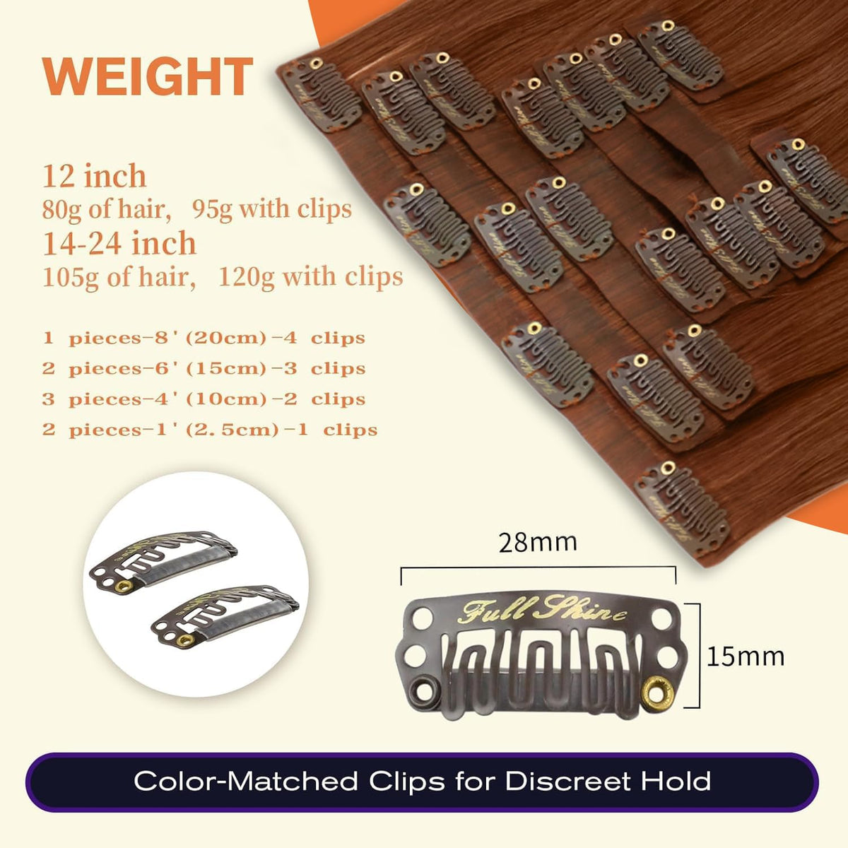 Full Shine Copper Red Clip-in Hair Extensions displayed with packaging