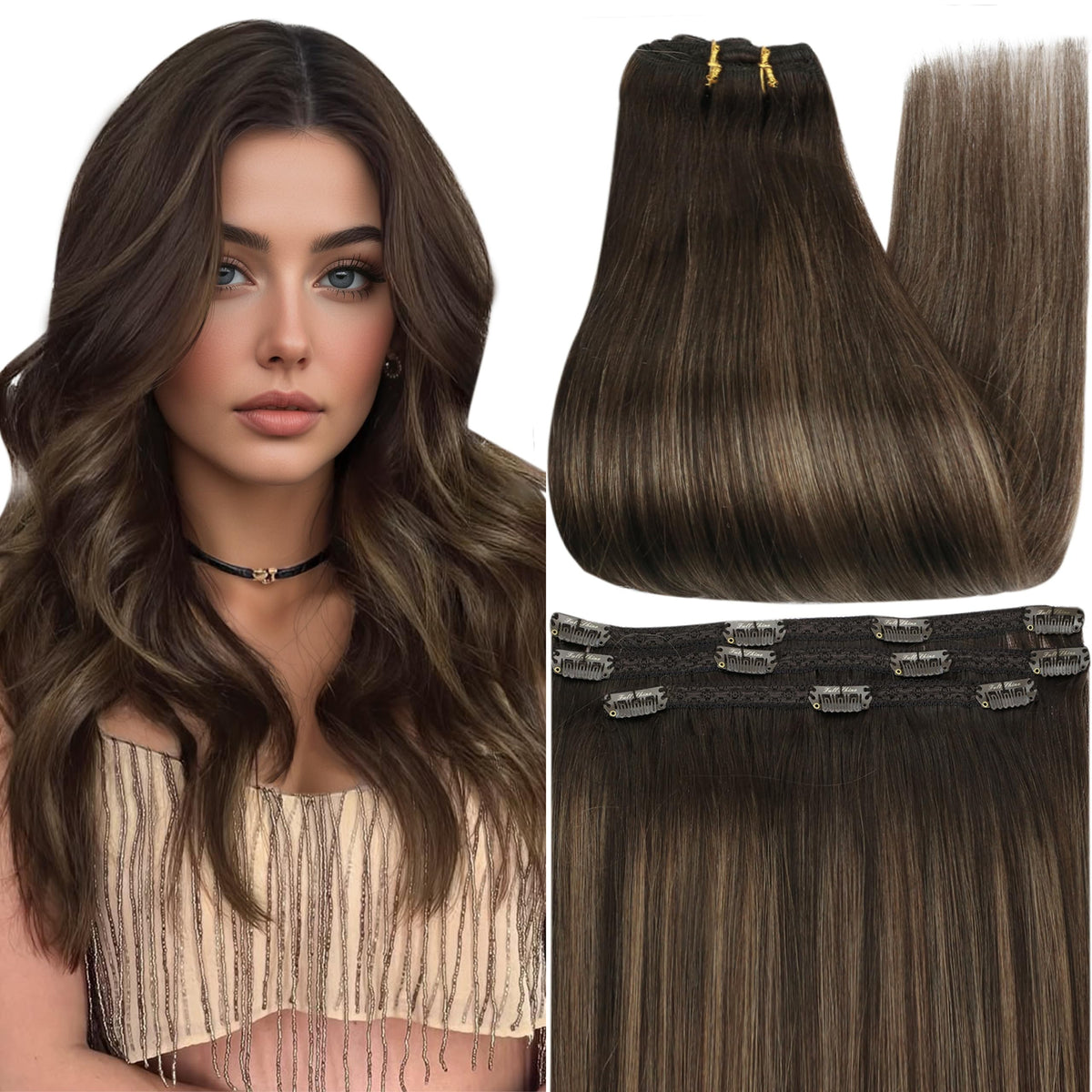 Full Shine Dark Brown Balayage Clip in Extensions front view