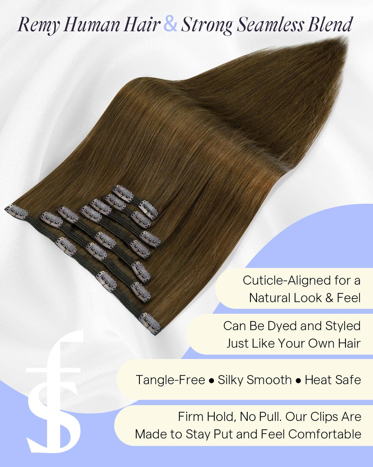 Full Shine Dark Brown Clip in Hair Extensions 18 Inch close-up of clips