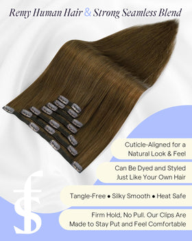Full Shine Dark Brown Clip in Hair Extensions 18 Inch close-up of clips