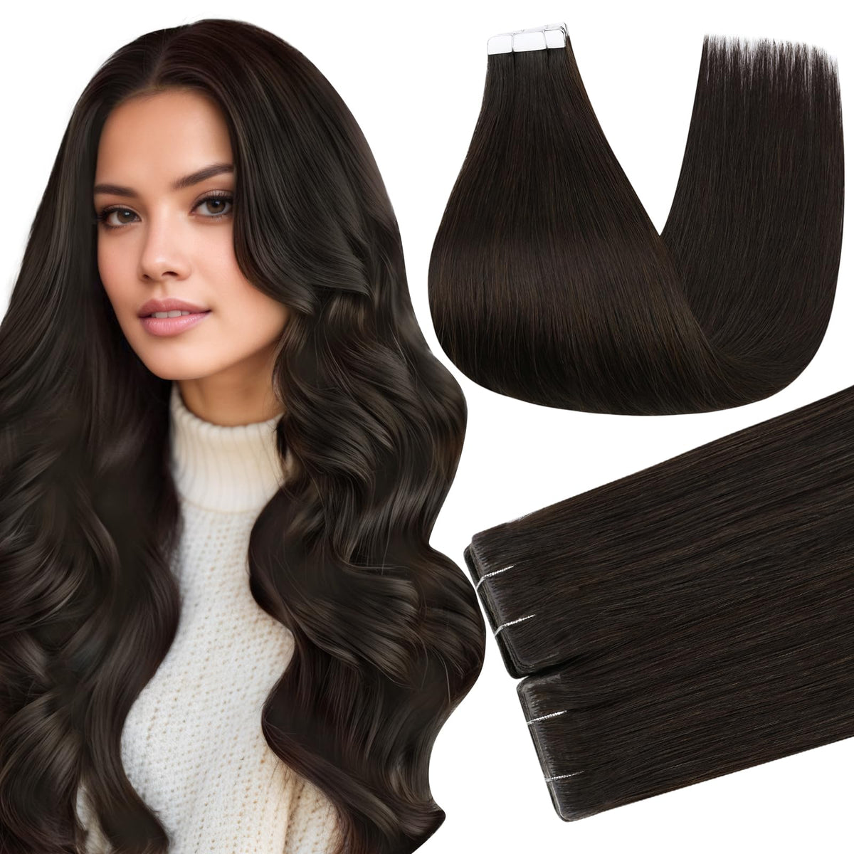 Full Shine Dark Brown Tape in Hair Extensions front view