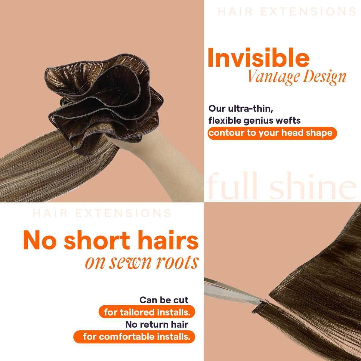 Full Shine Genius Weft Hair Extensions displayed in various colours