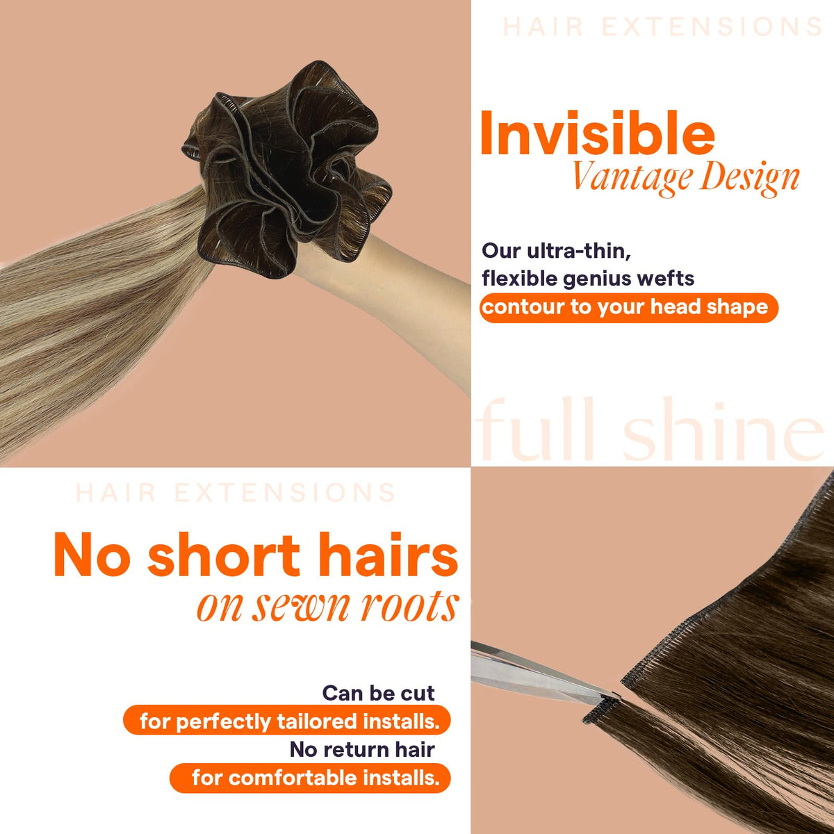 Full Shine Genius Weft Hair Extensions displayed in various colours