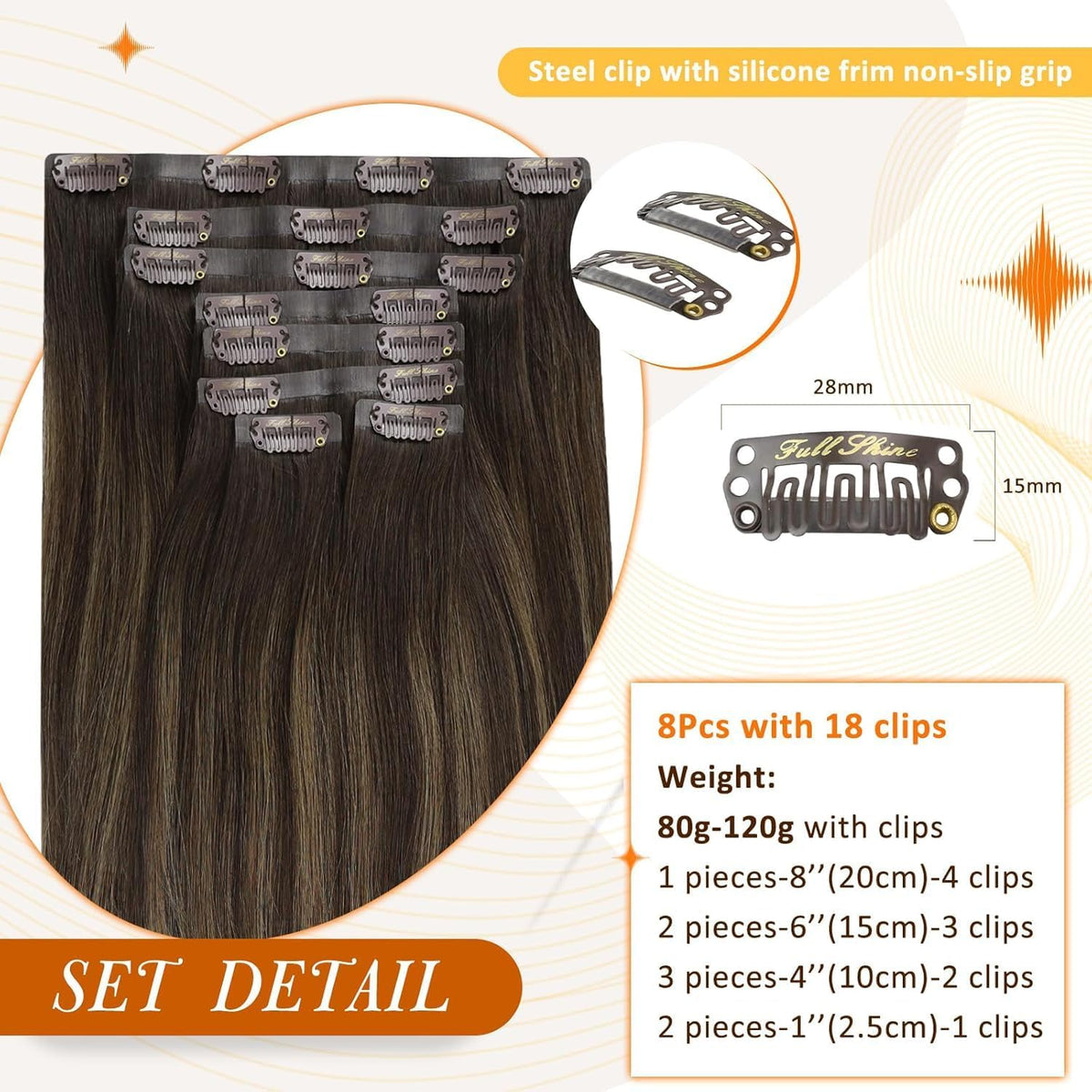 Full Shine Hair Extensions packaging with 8 pieces displayed