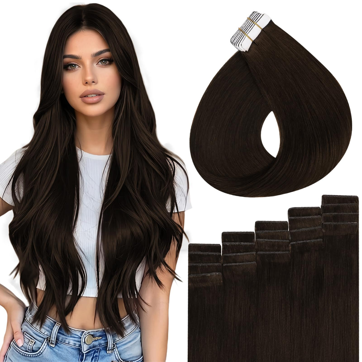 Full Shine Hand Tied Tape In Hair Extensions Dark Brown front view