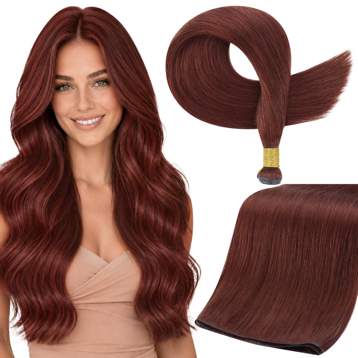 Full Shine Hand Tied Weft Hair Extensions 22 Inch Cinnamon Copper front view