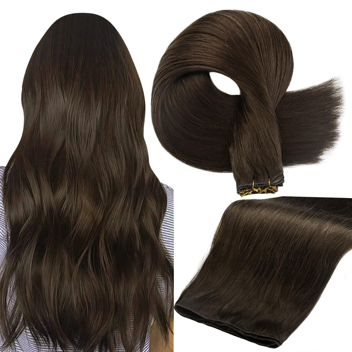 Full Shine Hand Tied Weft Hair Extensions dark brown front view
