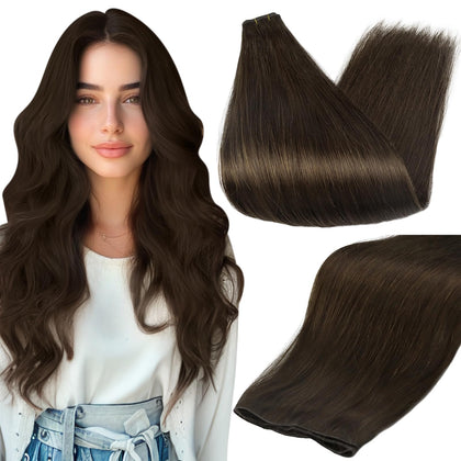 Full Shine Hand Tied Weft Hair Extensions in Dark Brown, 18 Inch front view