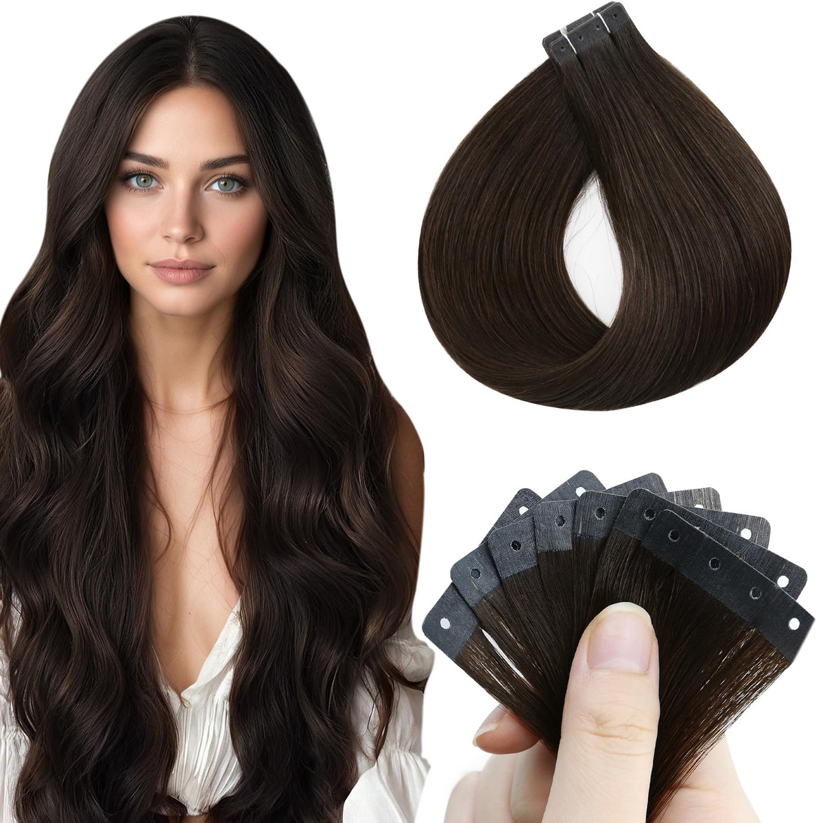 Full Shine Holed Tape in Hair Extensions 20 Inch Darkest Brown front view