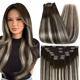 Full Shine Human Hair Clip in Extensions Dark Brown Balayage front view