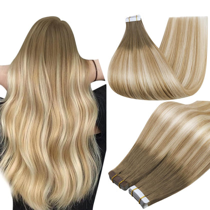 Full Shine Human Hair Tape In Extensions 20 Inch Brown Blonde front view