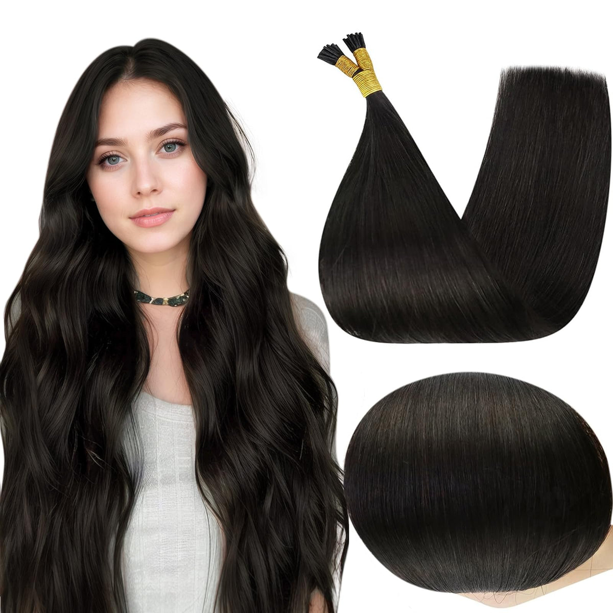 Full Shine I Tip Hair Extensions 24 inch natural black front view