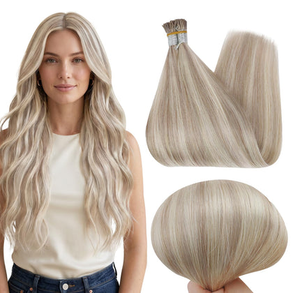Full Shine I Tip Human Hair Extensions 18 Inch blonde highlights front view