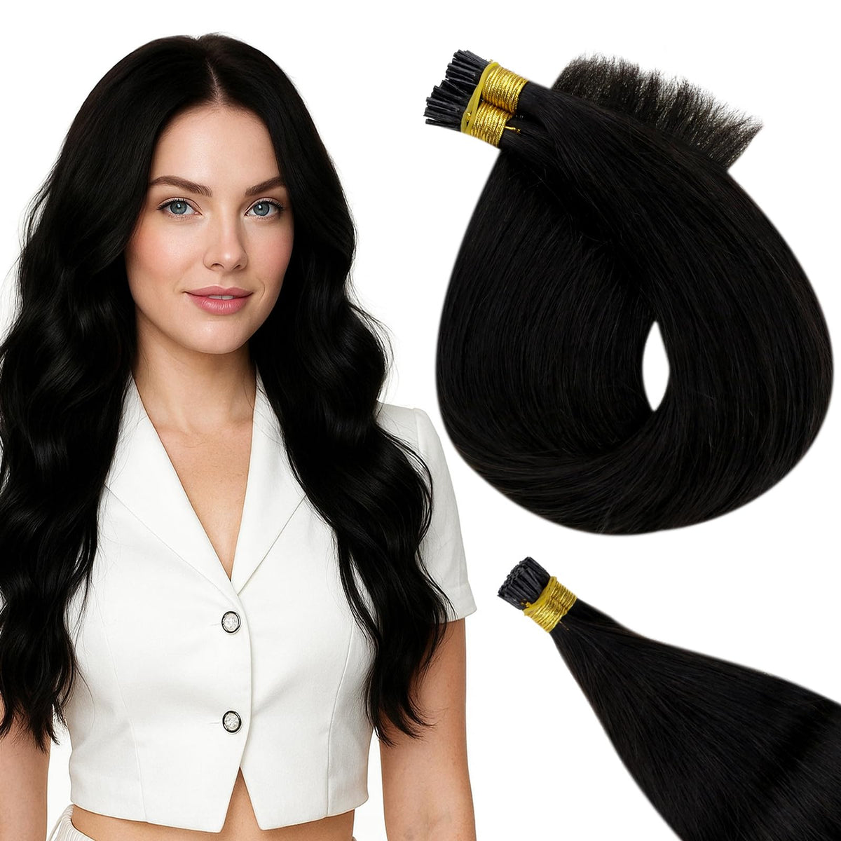 Full Shine I Tip Human Hair Extensions 24 Inch Natural Black front view