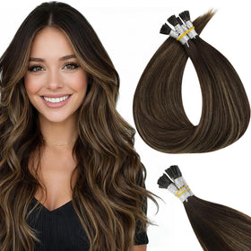 Full Shine I Tip Human Hair Extensions Balayage Brown 22 Inch front view