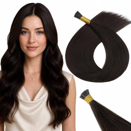 Full Shine I Tip Human Hair Extensions dark brown 22 inch front view