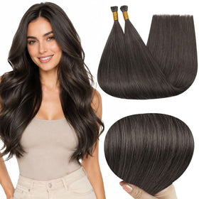 Full Shine I Tips Hair Extensions Mocha Brown 18 Inch front view