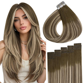 Full Shine Injected Invisible Tape in Hair Extension front view, 18 inch, brown blonde