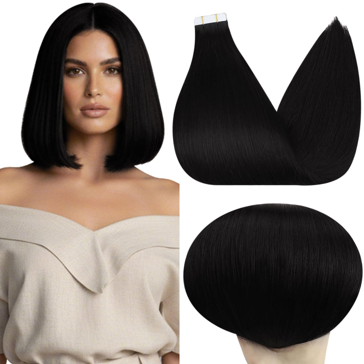 Full Shine Invisible Tape Hair Extensions Jet Black 10 Inch front view