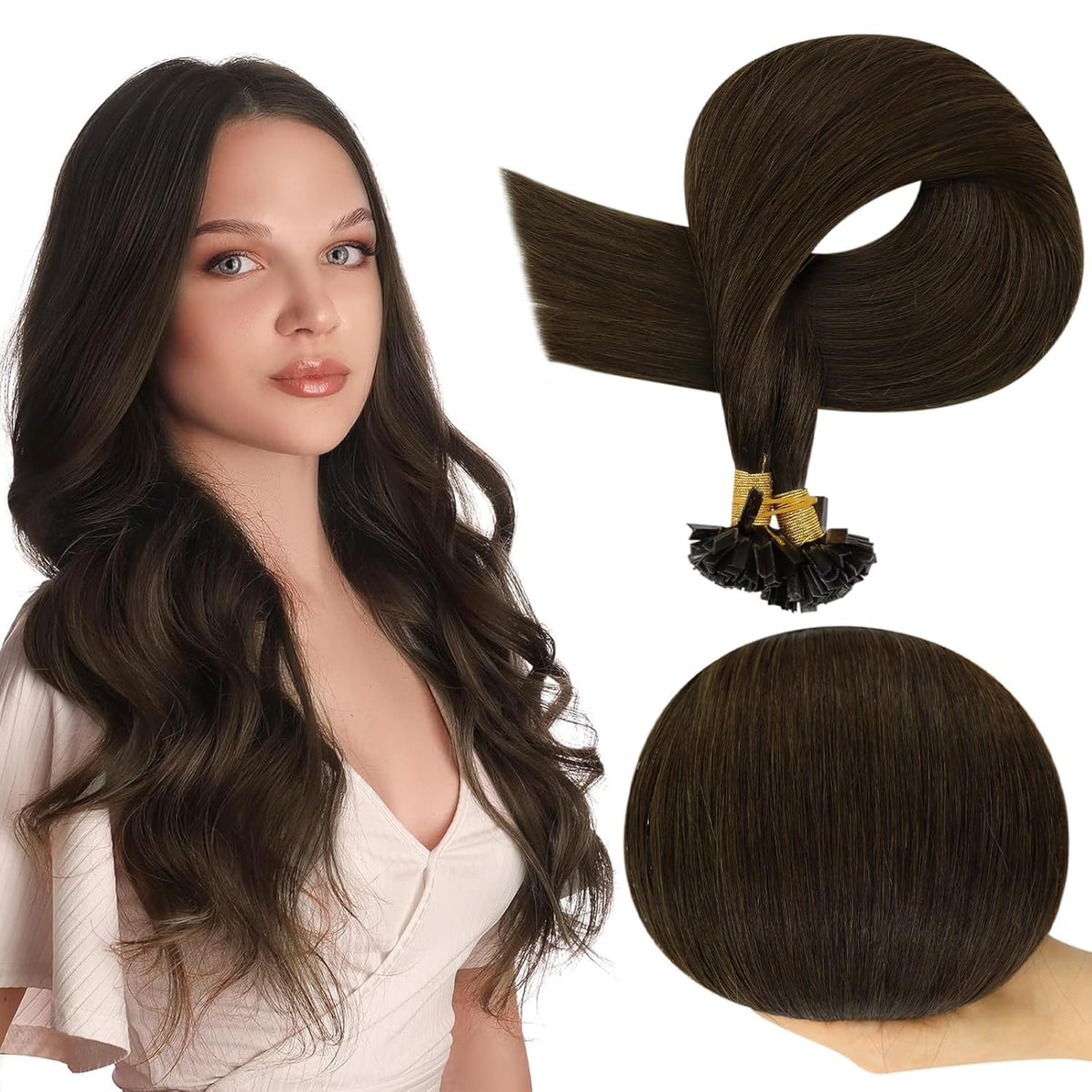 Full Shine K Tip Hair Extensions 18 Inch Dark Brown front view