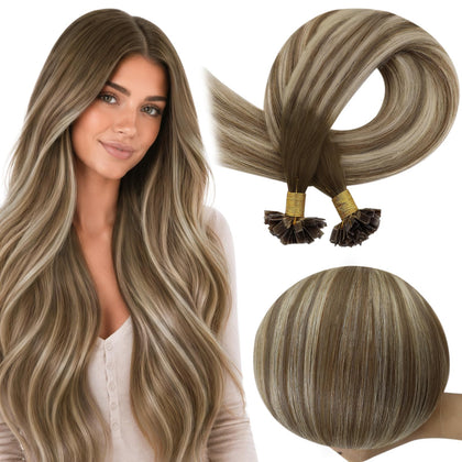 Full Shine K Tip Hair Extensions Balayage Brown Ash Blonde front view