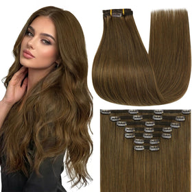 Full Shine Light Brown Clip in Hair Extensions front view
