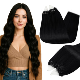 Full Shine Micro Link Human Hair Extensions 28 Inch Jet Black front view
