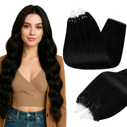 Full Shine Micro Link Human Hair Extensions 28 Inch Jet Black front view