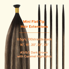 Full Shine Mini Flat Tip Dark Brown Hair Extensions displayed with styling tools