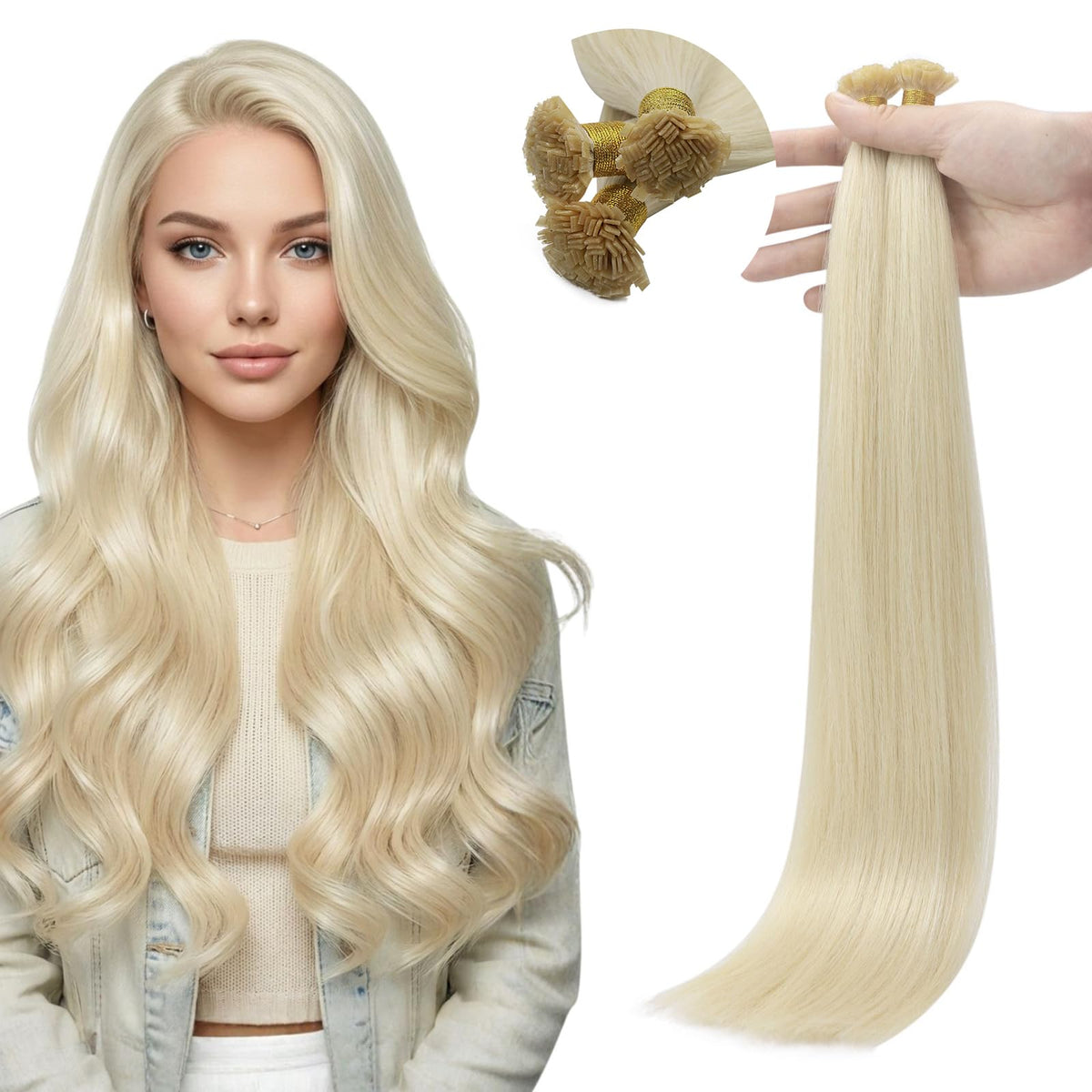 Full Shine Mini Flat Tip Platinum Blonde Hair Extensions front view