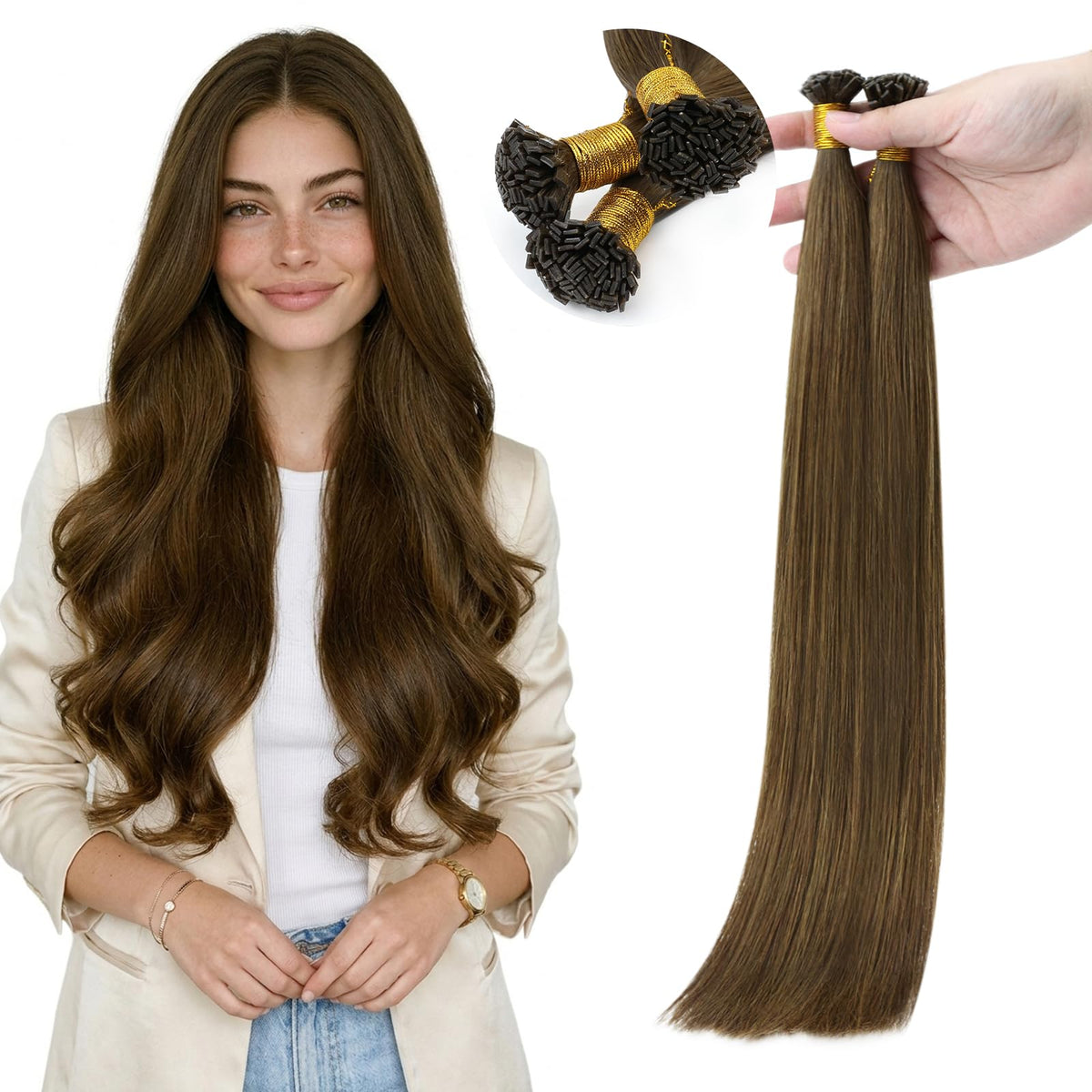 Full Shine Mini Flat Tip Remy Hair Extensions Medium Brown front view