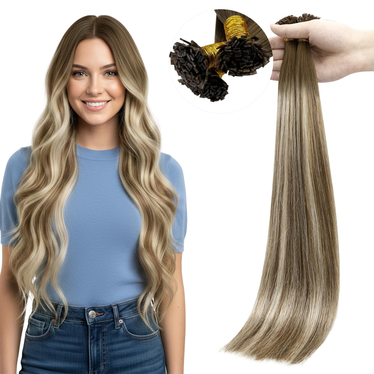 Full Shine Mini KTip Hair Extensions 24 inch Balayage front view
