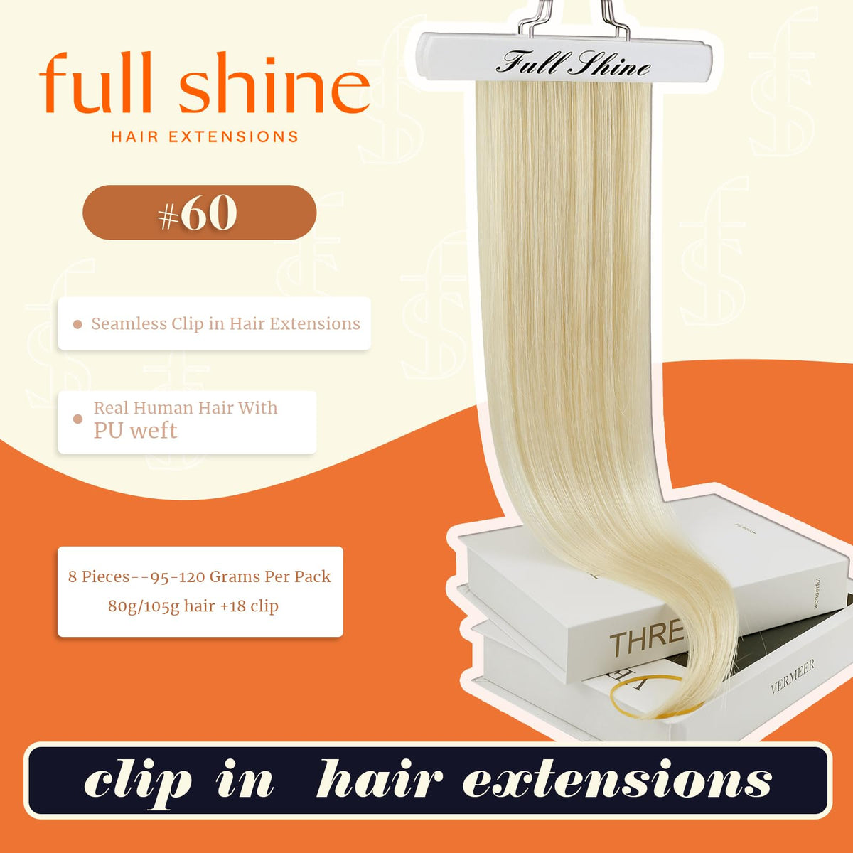 Full Shine Platinum Blonde Clip in Hair Extensions 18 Inch packaging