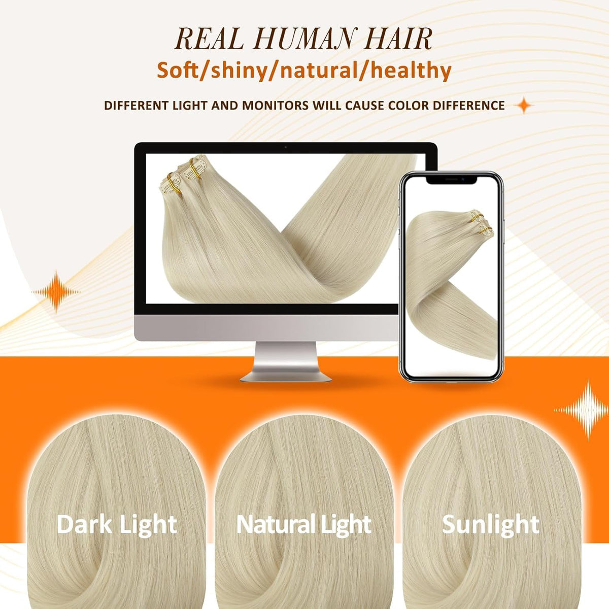 Full Shine Platinum Blonde Clip in Hair Extensions displayed with styling tools