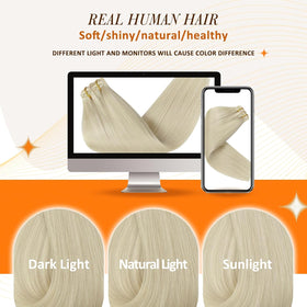 Full Shine Platinum Blonde Clip in Hair Extensions displayed with styling tools